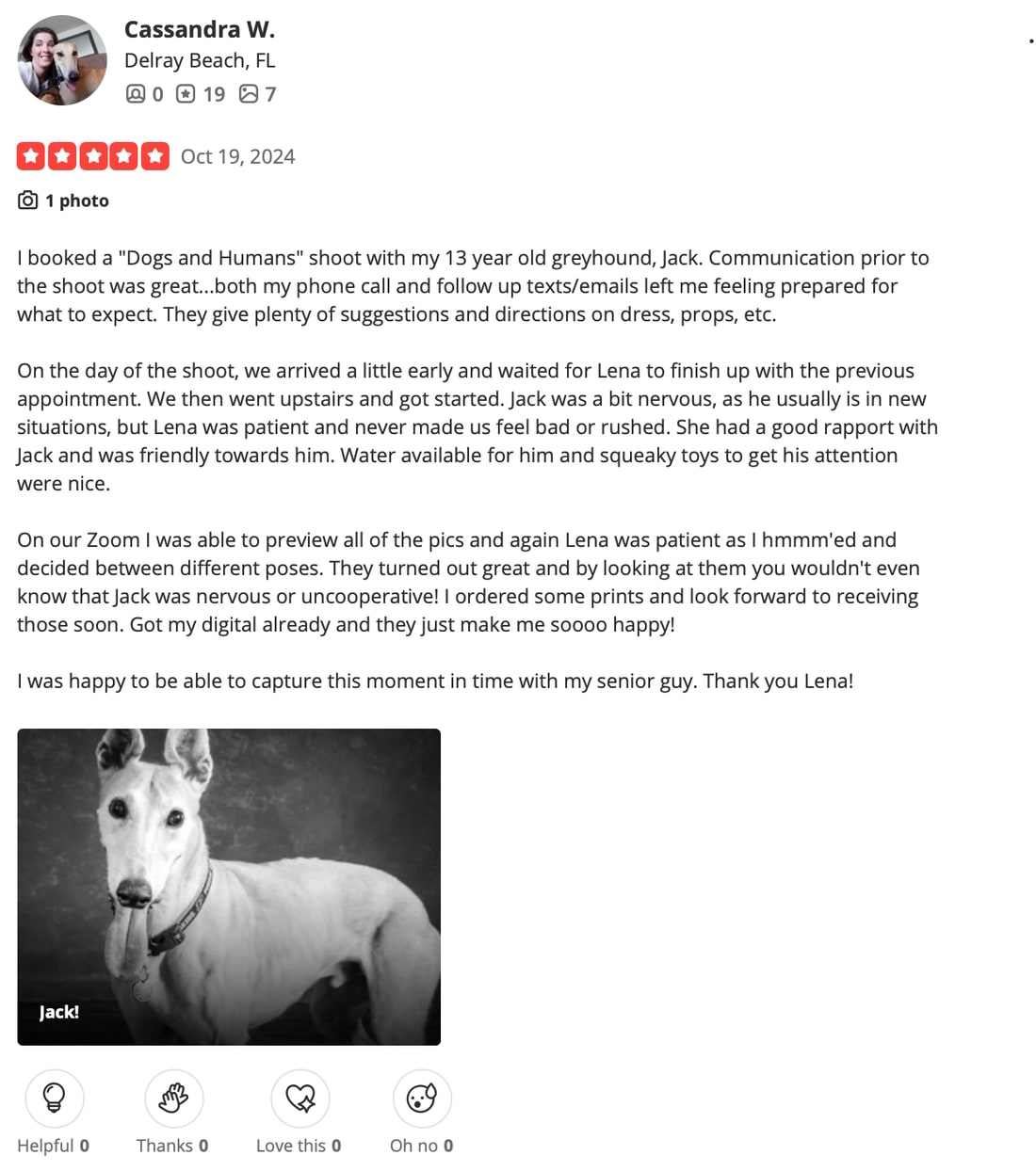 Screenshot of Cassandra W.'s review as posted, Oct 19, 2024