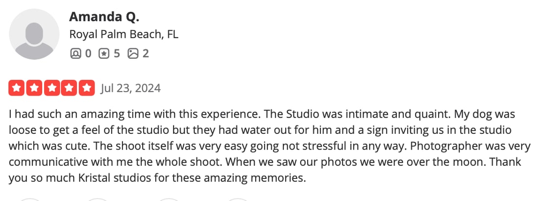 Screenshot of Amanda Q.'s review as posted, Jul 23, 2024